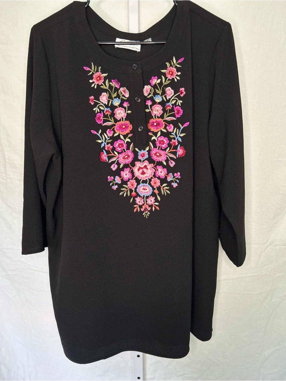 Linea Louis Dell'Olio Boho Floral Embroidered Henley Tunic Top XL